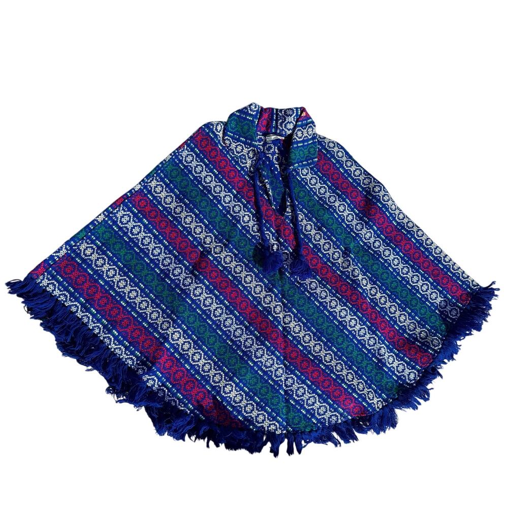 VTG? Bohemian Blue Pink Green Striped Wool? Poncho Cape Shawl Columbiana TRICOT